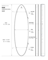 Roam Converter Coffin Short Surfboard Tasche, grau, technische Zeichnung mit Maßen und Spezifikationen