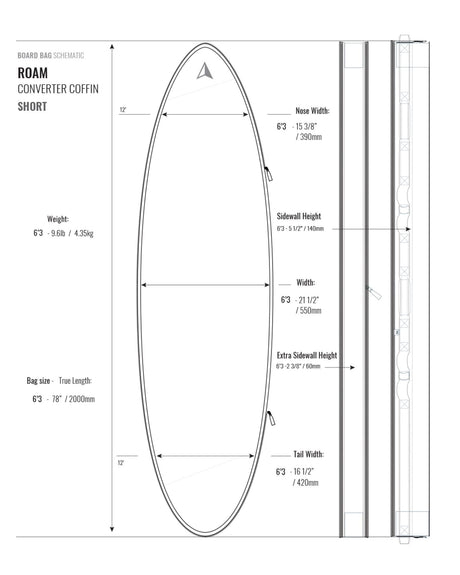 Roam Converter Coffin Short Surfboard Tasche, grau, technische Zeichnung mit Maßen und Spezifikationen