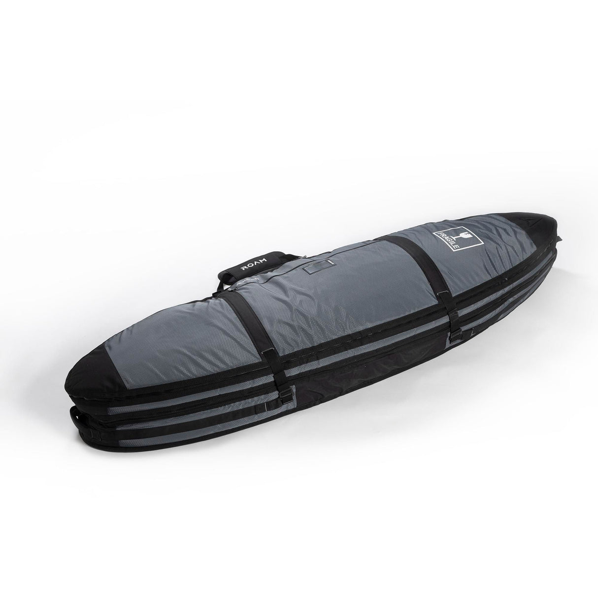 Roam Surfboard Converter Coffin Transporttasche in Grau und Schwarz mit Tragegriffen, seitliche Ansicht