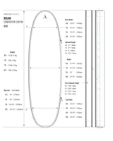 Roam Converter Coffin Surfboard Schutzhülle, technische Zeichnung mit Größen- und Gewichtsspezifikationen in Schwarz-Weiß