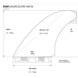 Roam Eduard Delpero Twin Fin Schematic, weiße Flosse mit Abmessungen und technischen Spezifikationen
