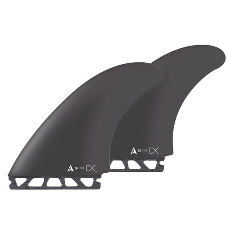 Roam Twin Fin Set Eduard Delpero, dunkelgrau, zwei Surfflossen mit weißer Basis, Ansicht von oben