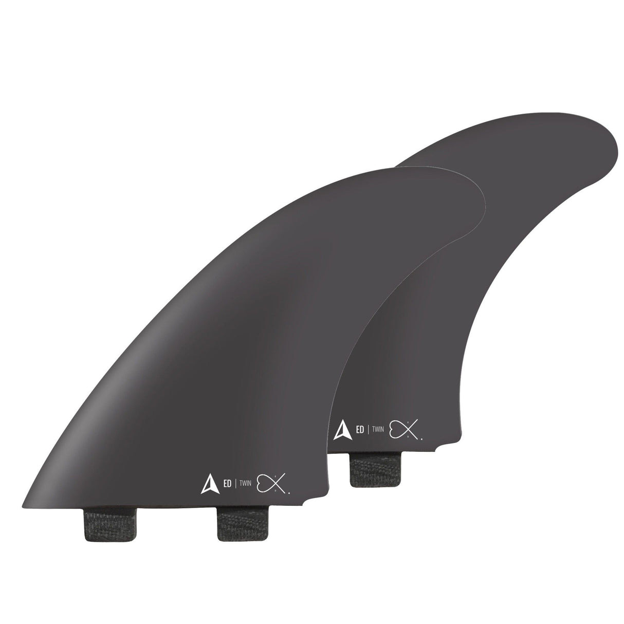 Roam Twin Fin Set Eduard Delpero, zwei schwarze Surfflossen aus Fiberglas mit Boxen, Frontalansicht