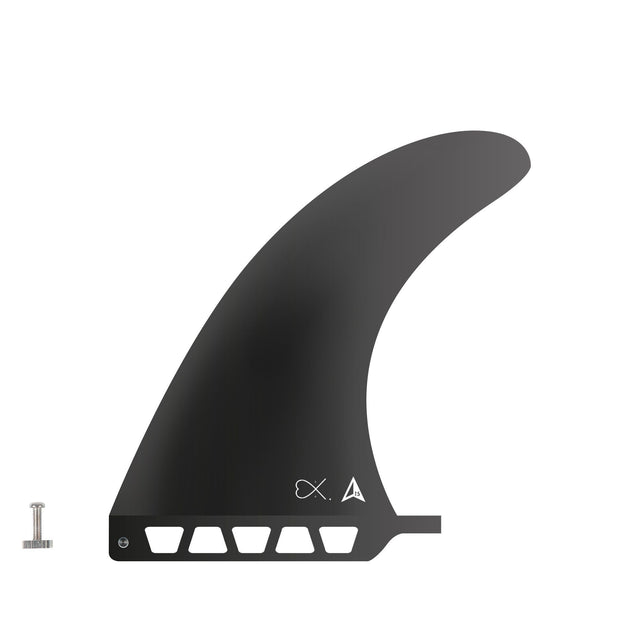 Roam Surfboard Single Fin Delpero Pro US Box, schwarze Finne mit geschwungener Form, Seitenansicht