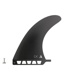 Roam Delpero Pro Single Fin US Box, schwarz, Seitenansicht mit markanter Finnenform und Befestigungssystem