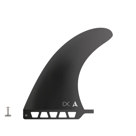 Roam Delpero Pro Single Fin US Box, schwarz, Seitenansicht mit markanter Finnenform und Befestigungssystem