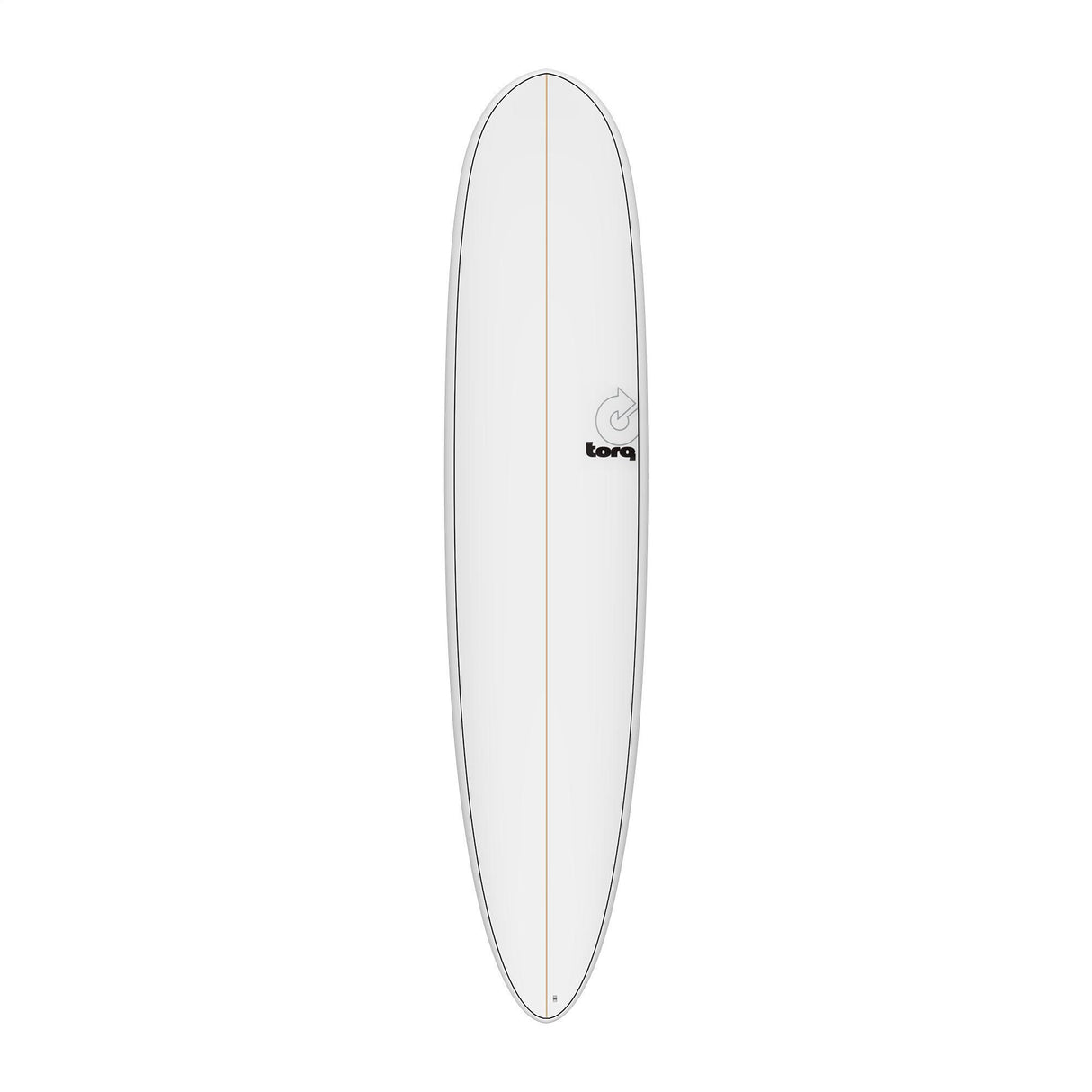 TORQ TET 24/7 Longboard Surfboard in Weiß, Draufsicht, mit TORQ-Logo und Mittelleiste