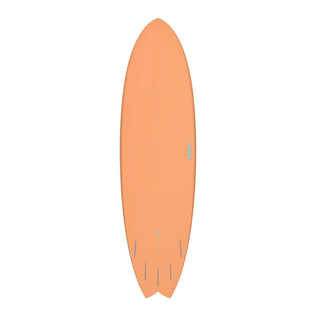 Torq TET MOD Fish Surfboard in Pfirsich, Draufsicht, orangefarbenes Fischboard mit abgerundetem Nose und Thruster-Finnen-Setup