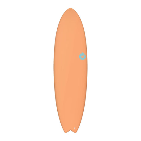 Torq TET MOD Fish Surfboard in Pfirsich-Orange mit blauem Logo, Draufsicht