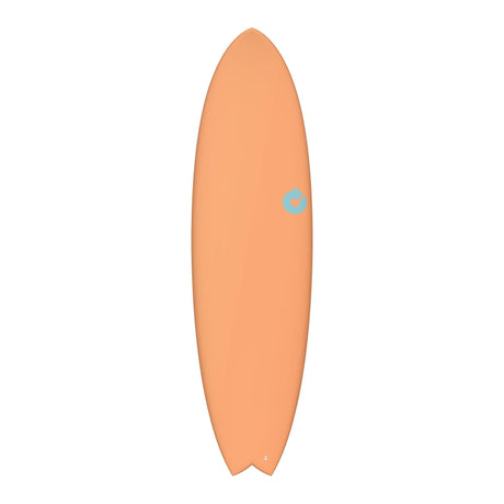Torq TET MOD Fish Surfboard in Apricot mit blauem Logo, Frontansicht