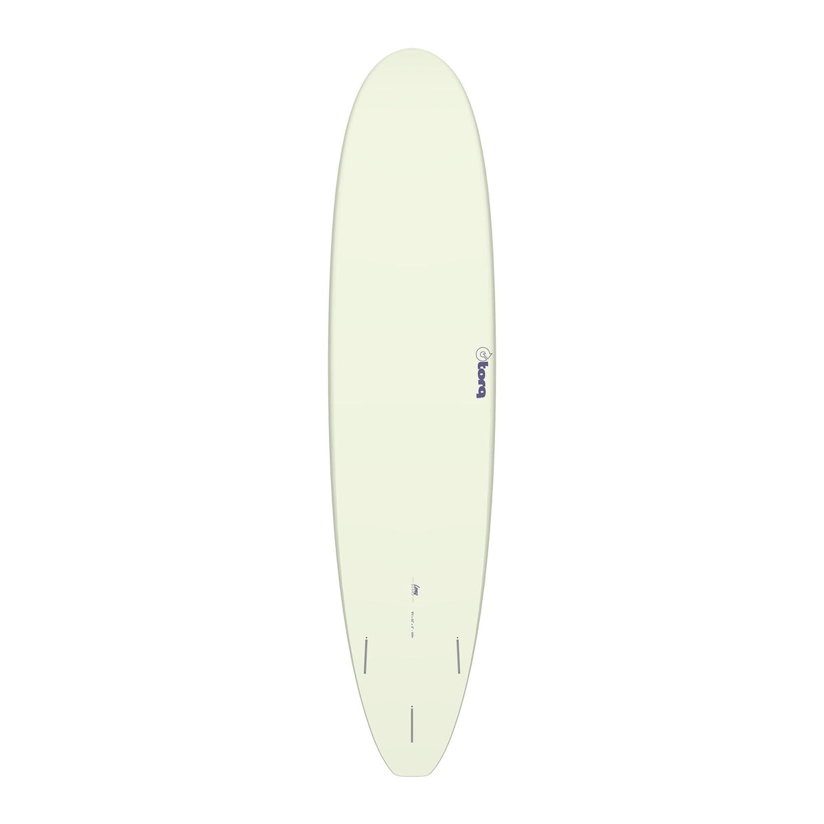 Torq TET Longboard Surfboard in Creme, Draufsicht, mit abgerundeter Nose und breitem Deck