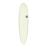 Torq TET Longboard Surfboard in Creme mit Logo, Draufsicht auf das vollständige Board