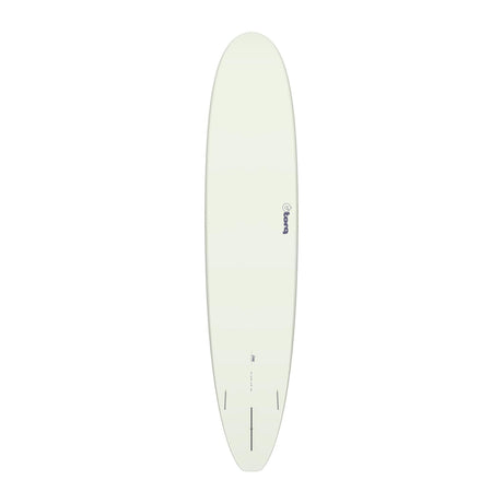 Torq TET Longboard in Creme, Draufsicht auf das vollständige Surfboard mit abgerundeter Nose und Finnen