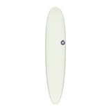 Torq TET Longboard cremeweiß mit Torq-Logo, Draufsicht auf das komplette Surfboard