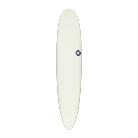 Torq TET Longboard cremeweiß mit Torq-Logo, Draufsicht auf das komplette Surfboard