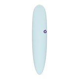 TORQ TET 24/7 Longboard Surfboard in Hellblau mit purpurnem Logo, Draufsicht