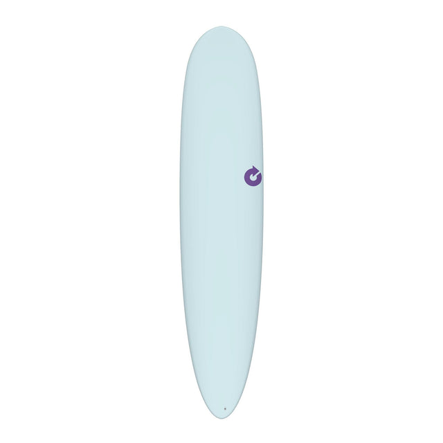 TORQ TET 24/7 Longboard Surfboard in Hellblau mit purpurnem Logo, Draufsicht