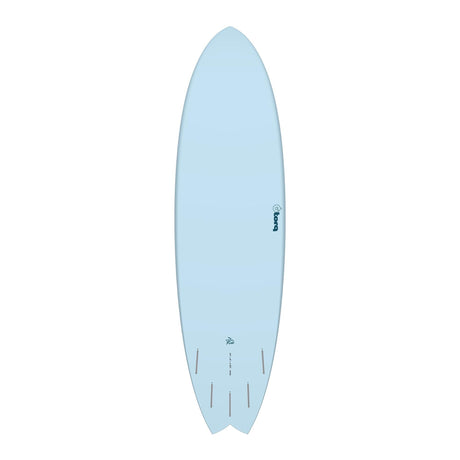 Torq TET MOD Fun & Fish Surfboard, hellblau, Draufsicht auf ovales Shortboard mit abgerundetem Tail und Finnen
