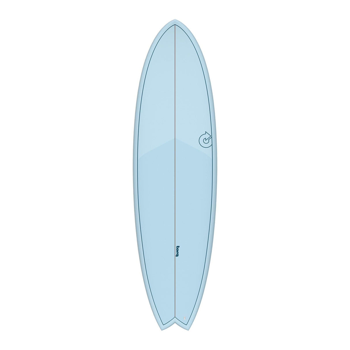 Torq TET MOD Fun & Fish Surfboard in hellblau, Vollansicht von oben, mit Fischform und Zenterlinie
