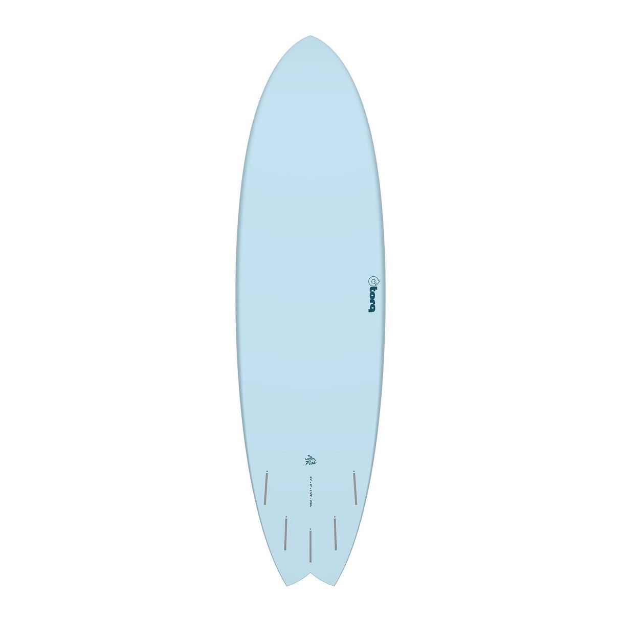 Torq TET MOD Fun & Fish Surfboard, hellblau, Draufsicht, kompakte Fischform mit abgerundetem Nose und breitem Tail