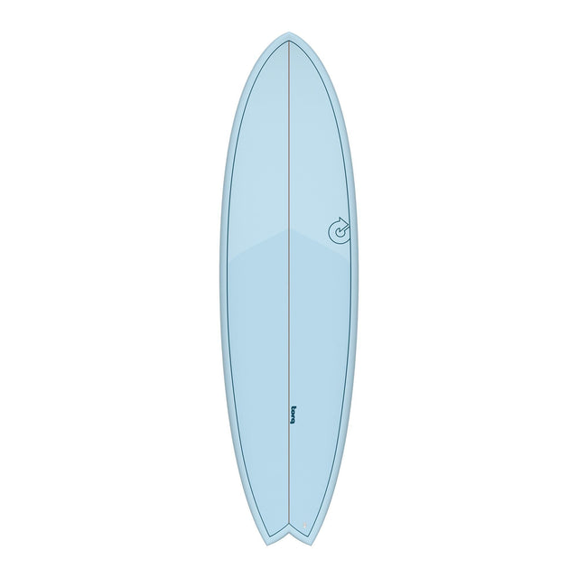 Torq TET MOD Fun & Fish Surfboard in hellblau, Draufsicht auf das komplette Board mit Fischform und Mittelfinne