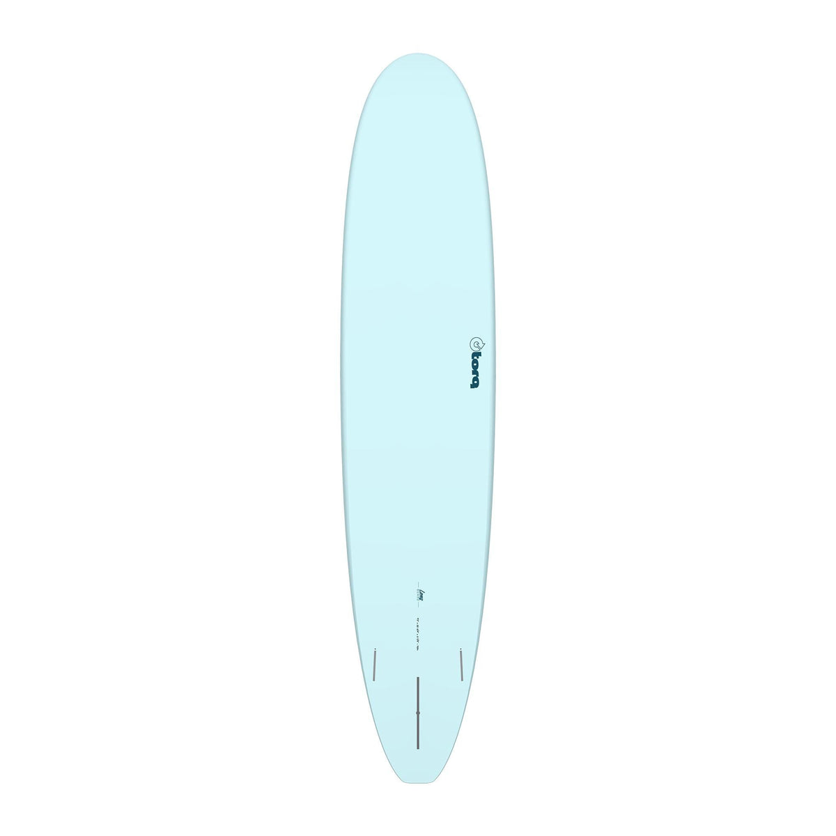 Torq TET Longboard hellblau, Draufsicht auf das komplette Surfboard mit rundem Nose und Finnen