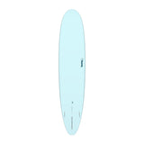 Torq TET Longboard hellblau, Draufsicht auf das komplette Surfboard mit rundem Nose und Finnen