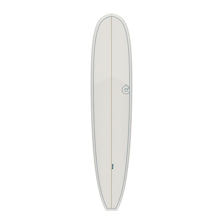 Torq TET Longboard in Weiß, Draufsicht, mit Centerline und Torq-Logo, Surfboard aus Schaumstoff