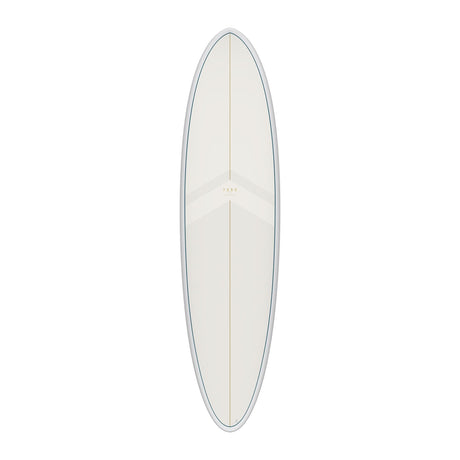 Torq TET MOD Fun & Fish Surfboard, Weiß mit grauem Rail, Draufsicht auf das längliche Kunstharz-Deck
