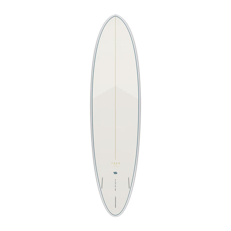 Torq TET MOD Fun & Fish Surfboard, weiß mit grauem Rail, Draufsicht auf helles Kunstharz-Deck