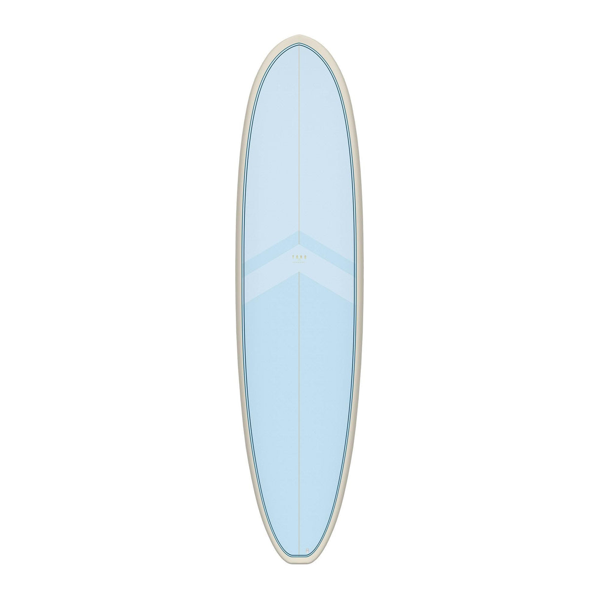 Torq TET V+ MOD Fun Surfboard in Hellblau, Draufsicht, längliches Deck mit geradem Zentrum-Stripe und breiter Outline