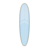 Torq TET V+ MOD Fun Surfboard in Hellblau, Draufsicht, längliches Deck mit geradem Zentrum-Stripe und breiter Outline