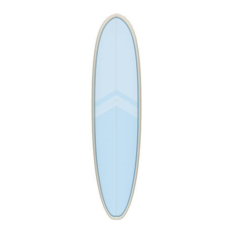 Torq TET V+ MOD Fun Surfboard, hellblaue Oberseite, Draufsicht, längliches Design mit gerundeten Kanten