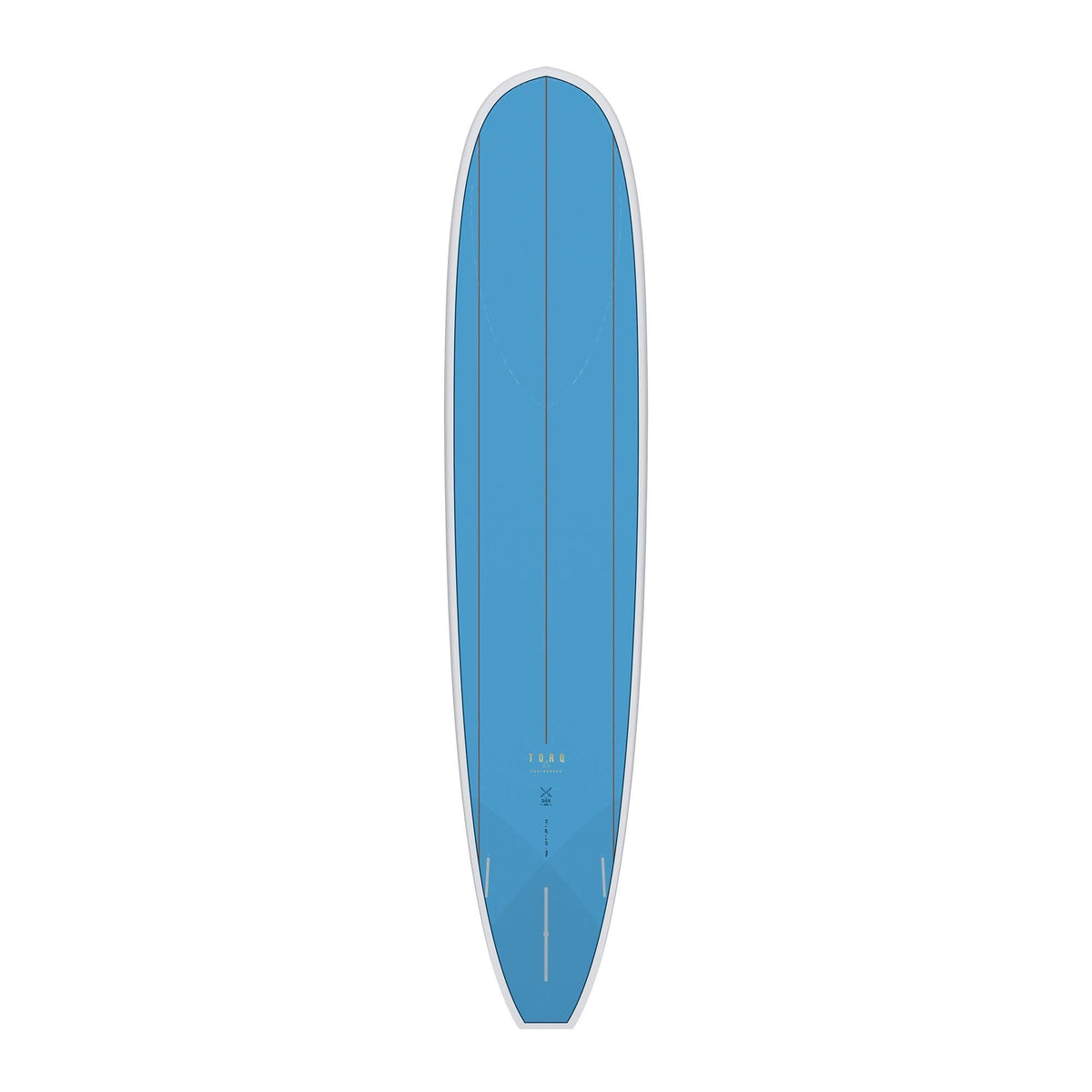 Torq TET Longboard in Blau, Draufsicht auf das komplette Board mit weißem Rand und Mittelstreifen