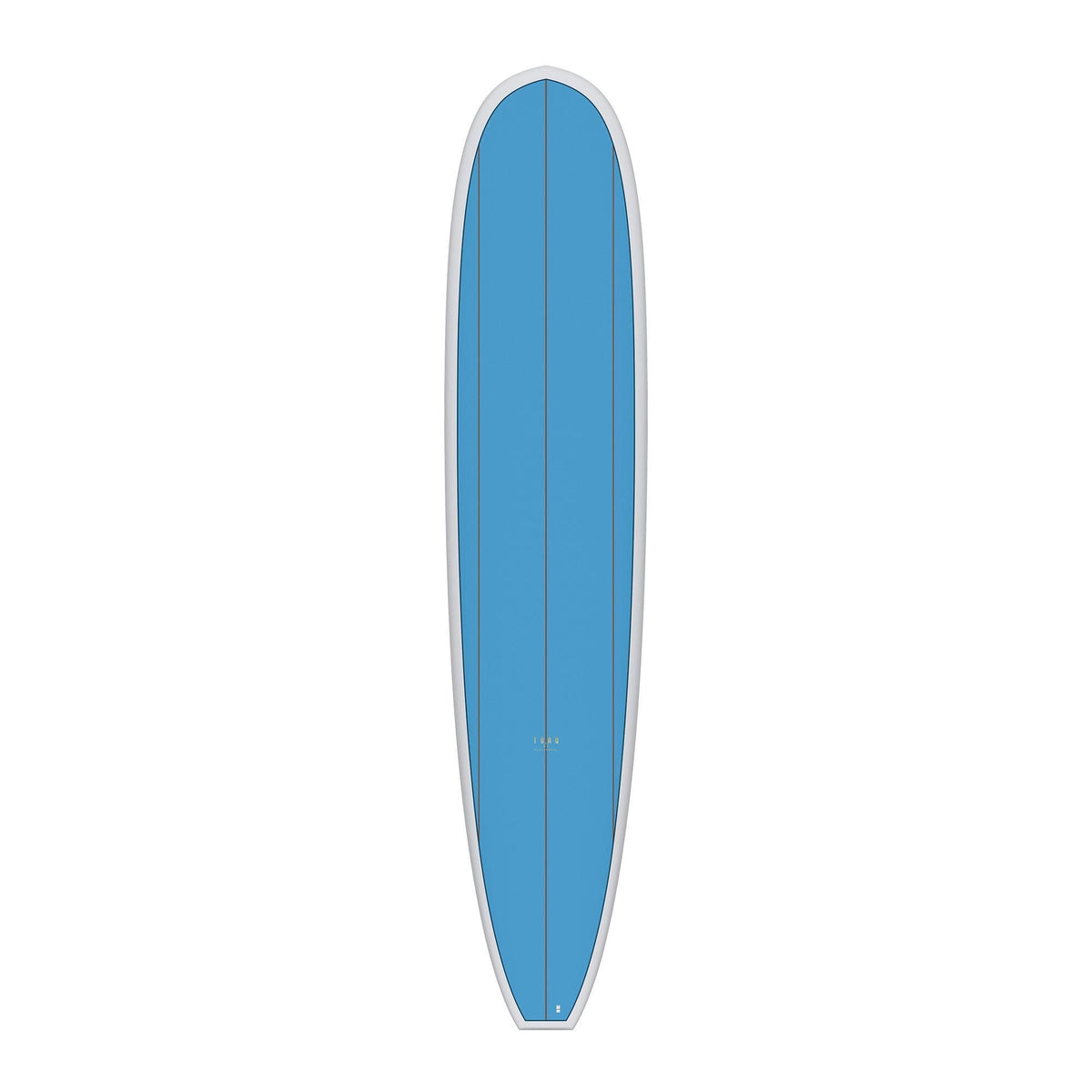 Torq TET Longboard in Blau mit weißer Kante, Draufsicht auf das komplette Surfboard
