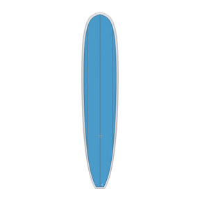 Torq TET Longboard in Blau, Seitenansicht des schlanken Surfboards mit gebogener Form