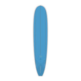 Torq TET Longboard in Blau, Draufsicht auf das komplette Deck mit weißem Rail und zentraler Stringer-Linie