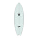 Channel Islands X-lite PodMod Surfboard, hellblau, Draufsicht, schwarze Finnen, kompaktes Design