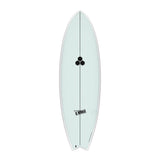 Channel Islands X-lite PodMod Surfboard, hellblau, Draufsicht, schwarze Finnen, kompaktes Design