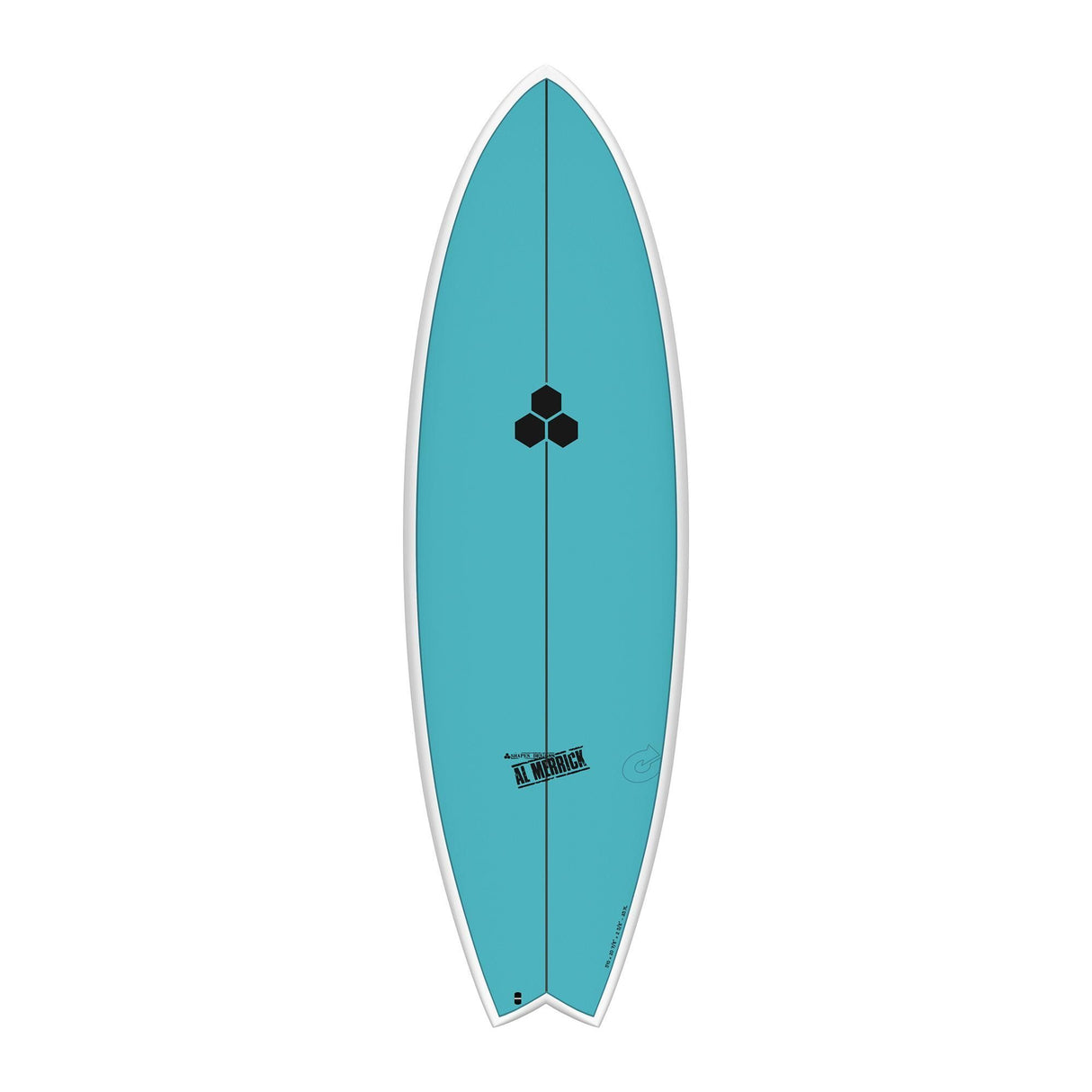 Channel Islands X-lite PodMod Surfboard, Türkis, Draufsicht, kompaktes Fish-Design mit weißer Kante
