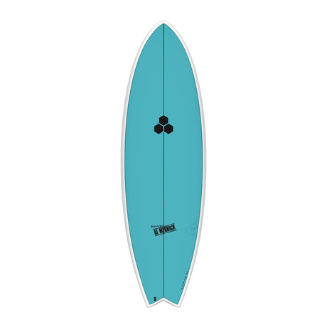Channel Islands X-lite PodMod Surfboard, Türkis, Draufsicht, kompaktes Fish-Design mit weißer Kante