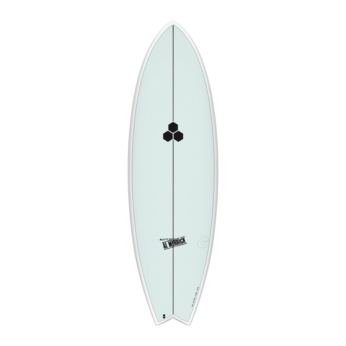 Channel Islands X-lite PodMod Surfboard, hellblau, Draufsicht auf weißem Hintergrund
