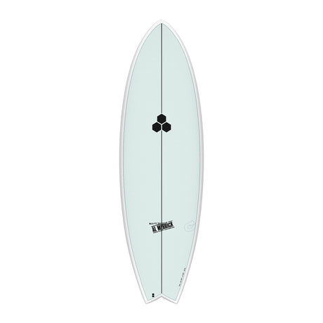 Channel Islands X-lite PodMod Surfboard, hellblau, Draufsicht auf weißem Hintergrund