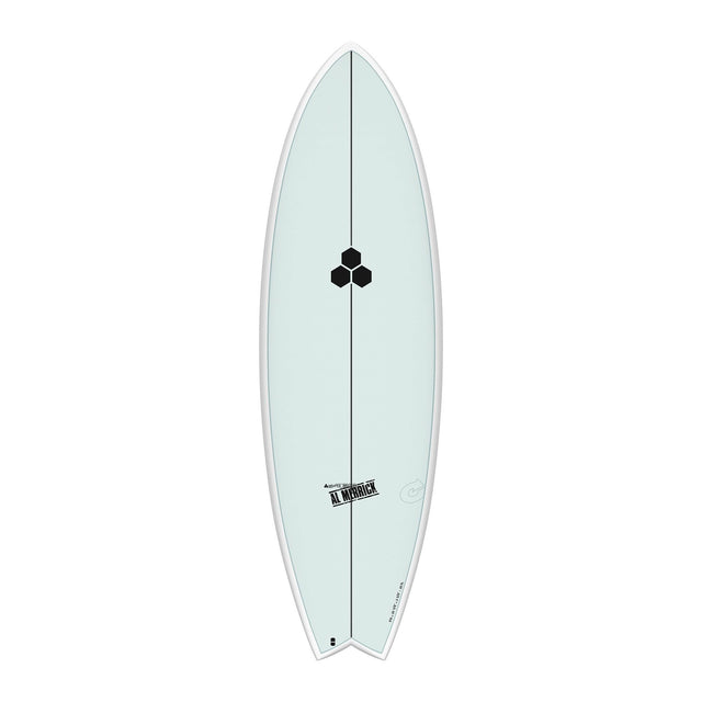Channel Islands X-lite PodMod Surfboard, hellblau, Draufsicht auf weißem Hintergrund