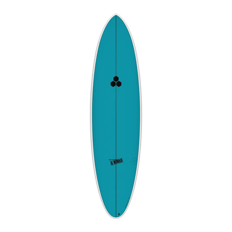 Channel Islands X-lite M23 Surfboard in Türkis, Draufsicht, mit schwarzem Kleeblatt-Logo