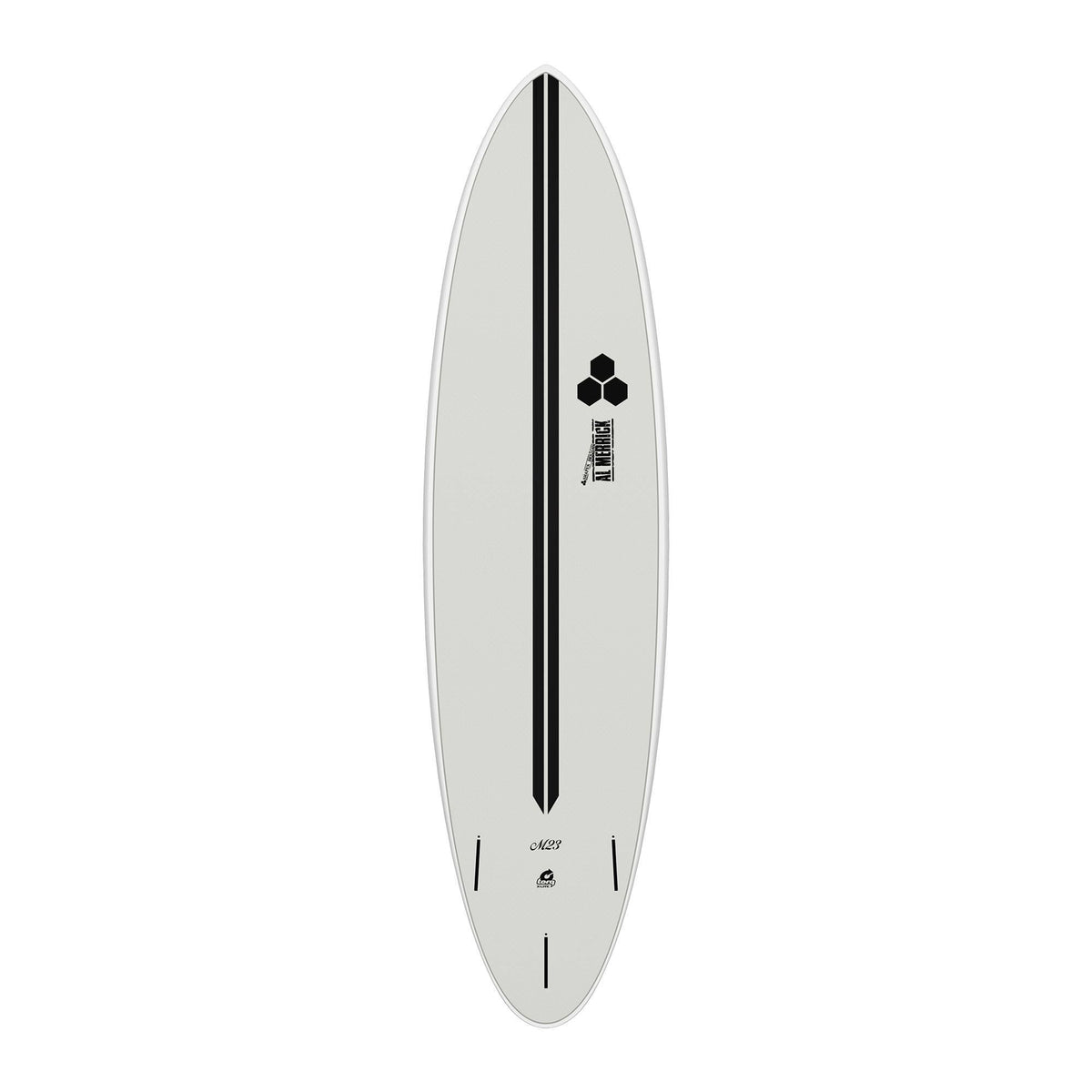 Channel Islands X-lite M23 Surfboard, weiß mit schwarzem Centerline, Draufsicht