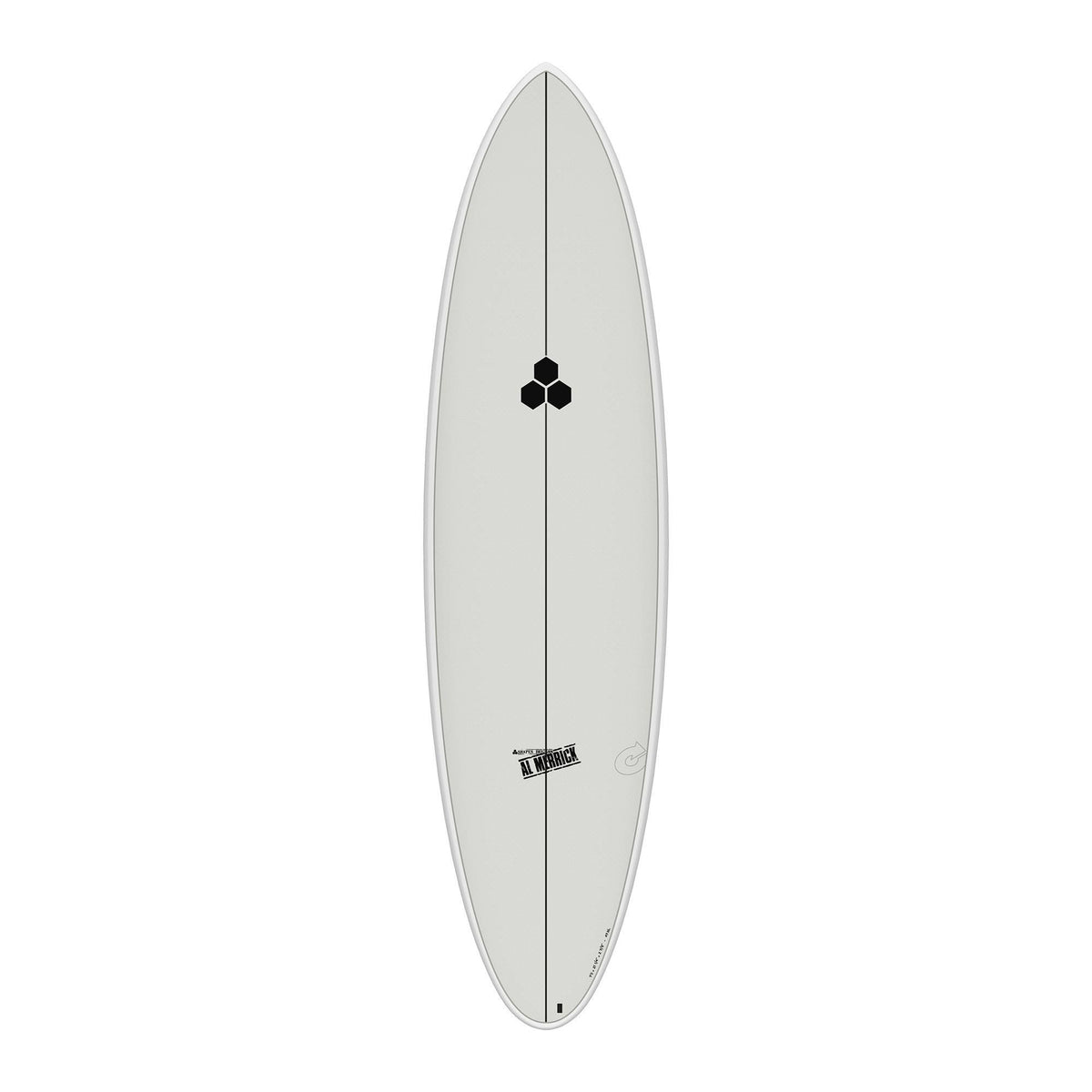 Channel Islands X-lite M23 Surfboard weiß, Draufsicht, Performance-Shape mit schwarzem Logo