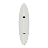 Channel Islands X-lite M23 Surfboard weiß, Draufsicht, Performance-Shape mit schwarzem Logo