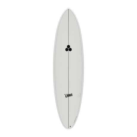 Channel Islands X-lite M23 Surfboard weiß, Draufsicht, Performance-Shape mit schwarzem Logo
