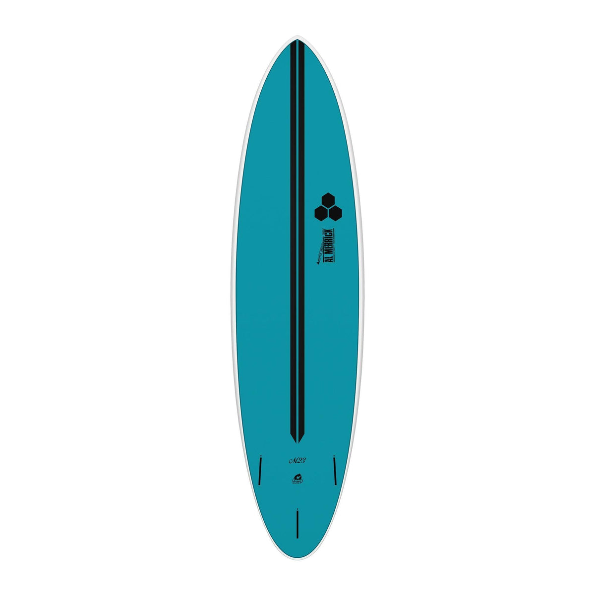 Channel Islands X-lite M23 Surfboard, Blaugrün, Draufsicht auf Kunststoff-Shortboard mit schwarzem Mittelstreifen